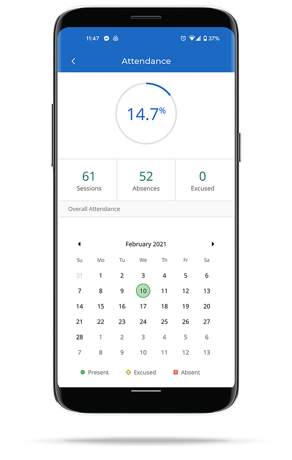 A calendar view of iClicker Attendance is displayed on a smart phone